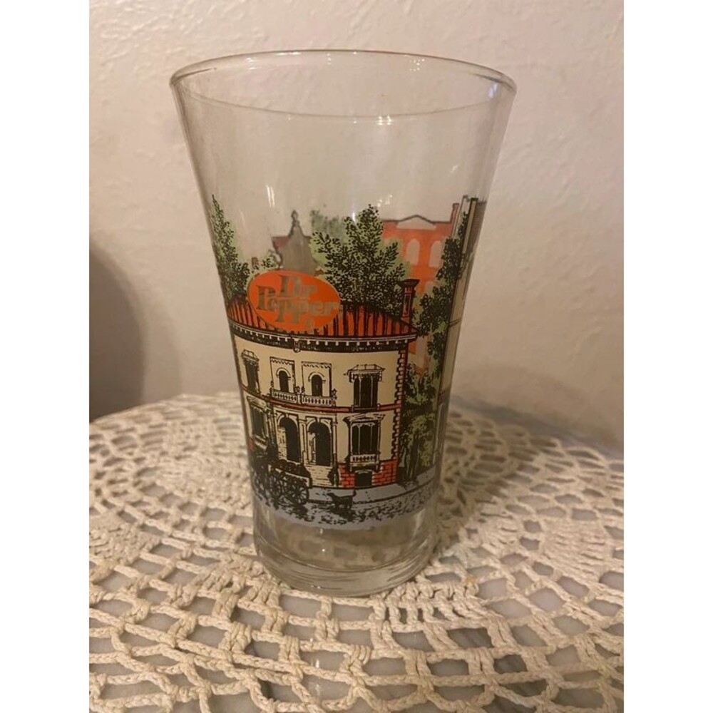 is a Vintage Dr Pepper Eager & Lawrence City Town 16oz Soda Glass Tumbler